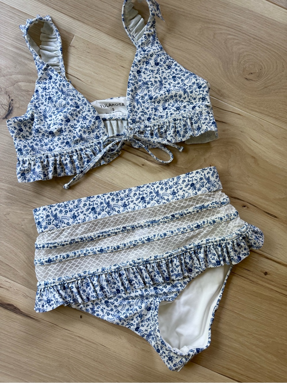 Tularosa Blue and Cream Floral Ruffle Bikini Set
